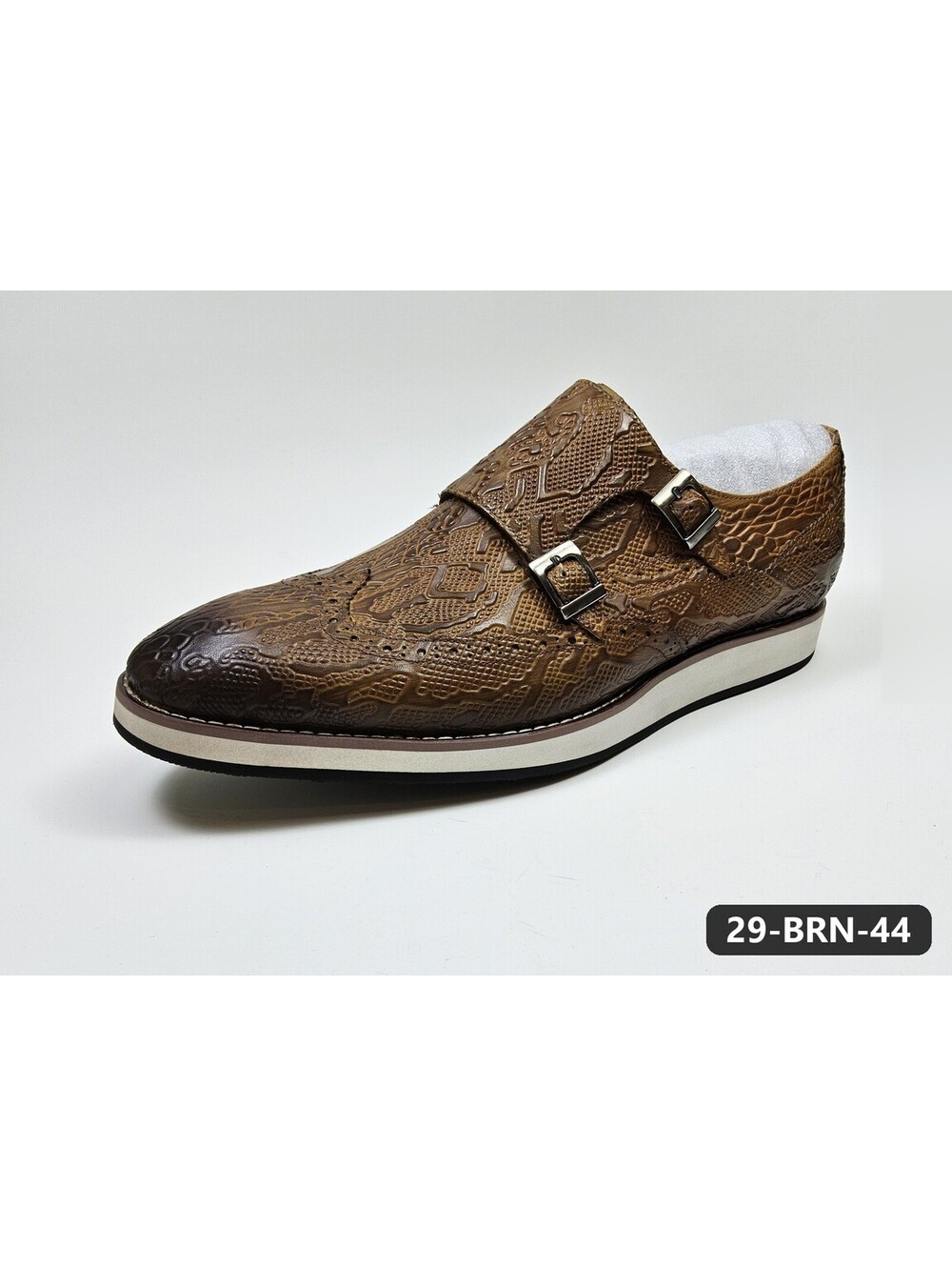 Men's Brown Embossed Double Monk-Strap Wingtip Shoes